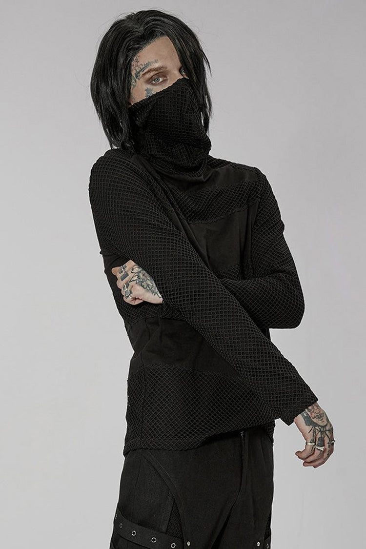 Black Punk Super High Collar Masked Hanging Ear Splicing Mesh Long Sleeves T-shirt