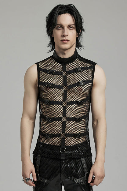 Black Stand Collar Sleeveless Straps Mesh Buckle Punk Vest