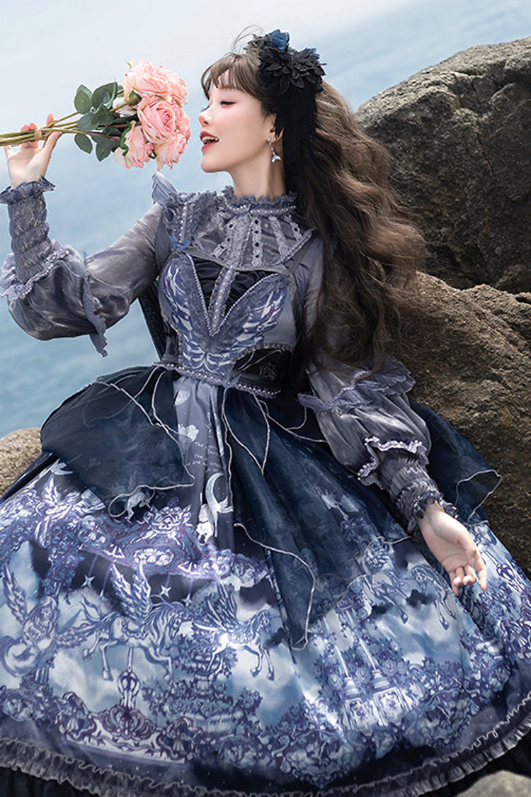 Blue [angel Garden] Print Ruffle Bowknot Asymmetric Classic Lolita Jsk Dress