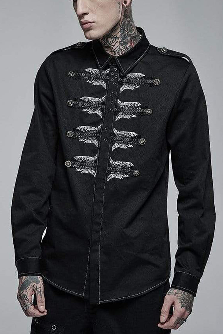 Black Lapel Collar Long Sleeves Skull Print Embroidery Steampunk Blouse