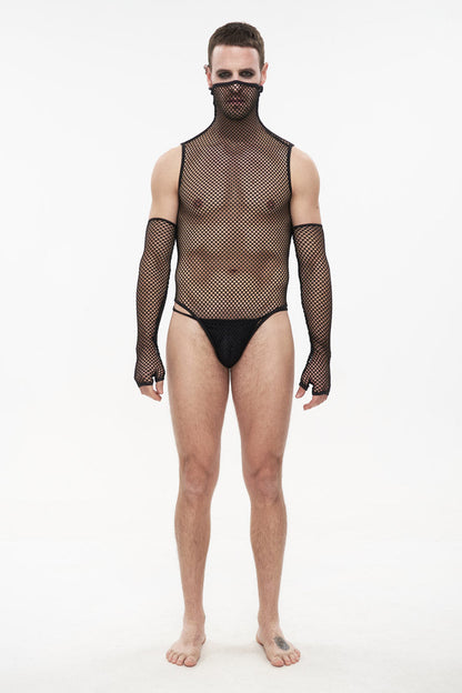 Black Transparent Mesh Super High Collar Masked Glove Thong Punk Onesie