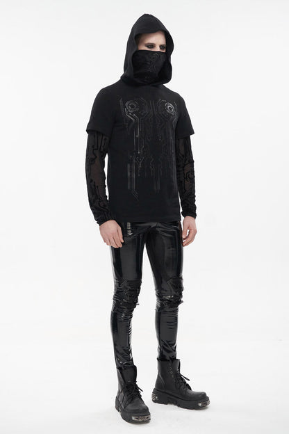 Black Paneled Mesh Long Sleeve Super High Collar Masked Circuit Diagram Printed Hooded Knitted Punk T-shirt