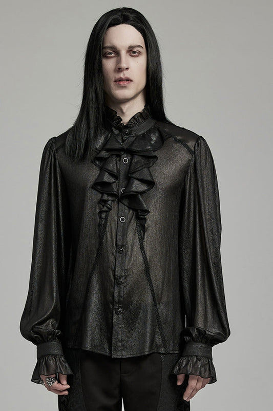 Black Stand Collar Jacquard Ruffle Gothic Blouse