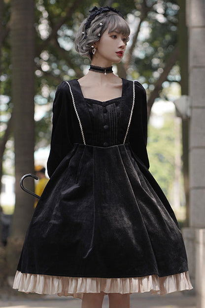 Black Velvet Fake Collar High Waist Classic Lolita Op Dress