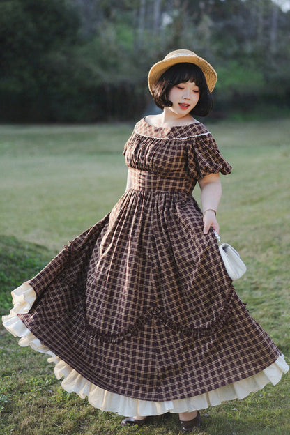 Dark Red [forest Picnic] Boat Neck Short Sleeves Printed Lift-hem Ruffled Classic Lolita Dress