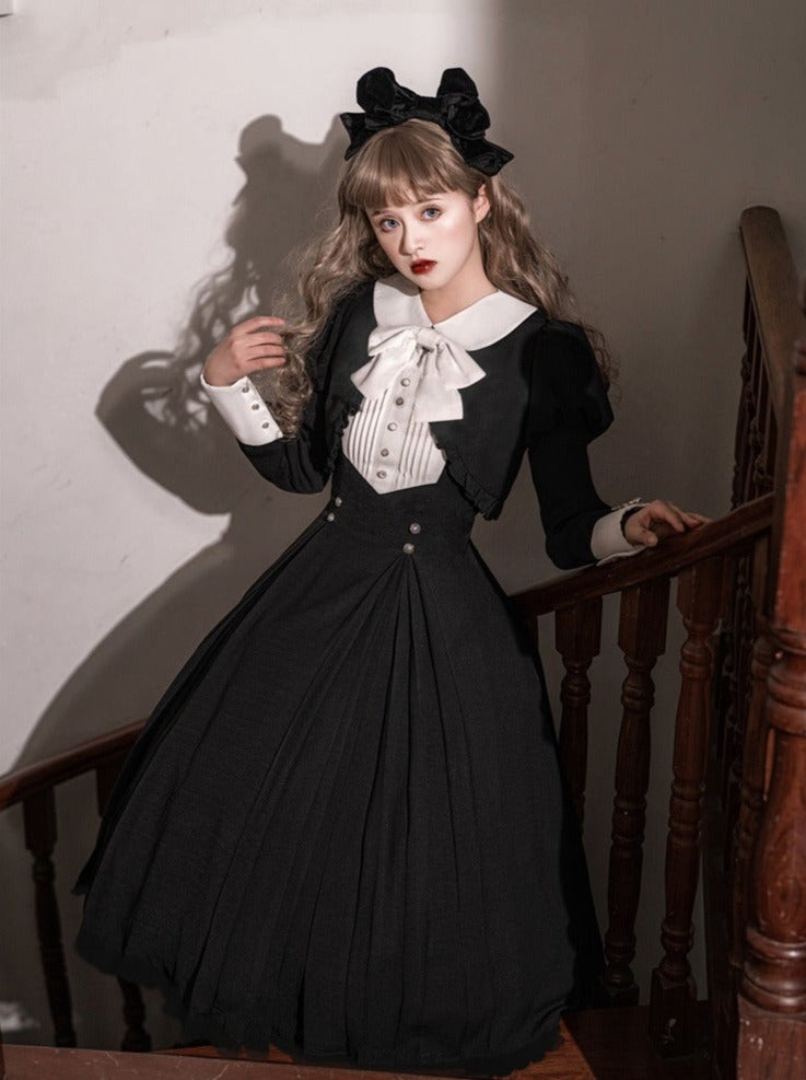Lantern Sleeve Ruffle Short Jacket With Ribbon + Back Ribbon Suspender Dress