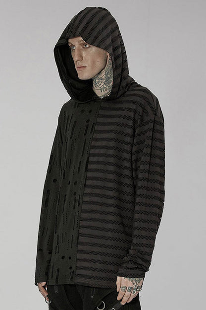 Black Punk Personality Left-right Asymmetrical Knitted Stitching Hooded T-shirt