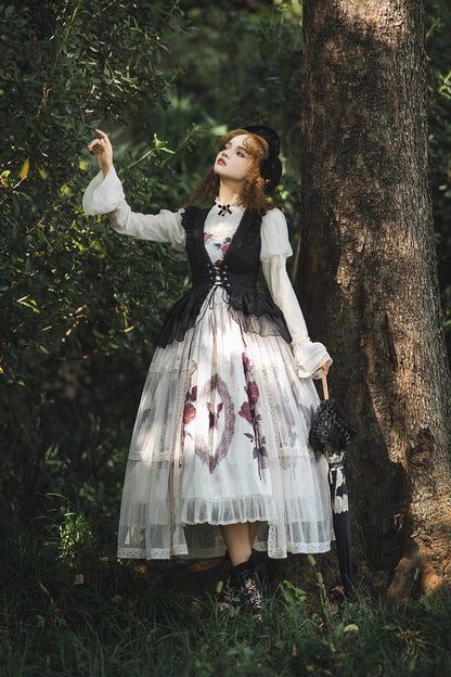 Multi-color Long Sleeves Print Ruffle French Princess Classic Gothic Lolita Dress Set