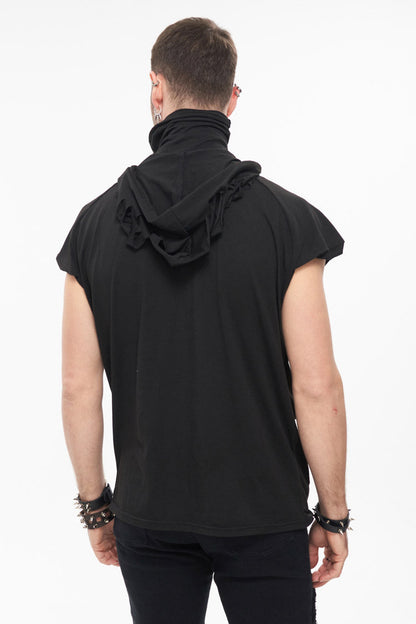Black Skull Print Super High Neck Masked Rivet Hole Hooded Short Sleeve Punk T-shirt