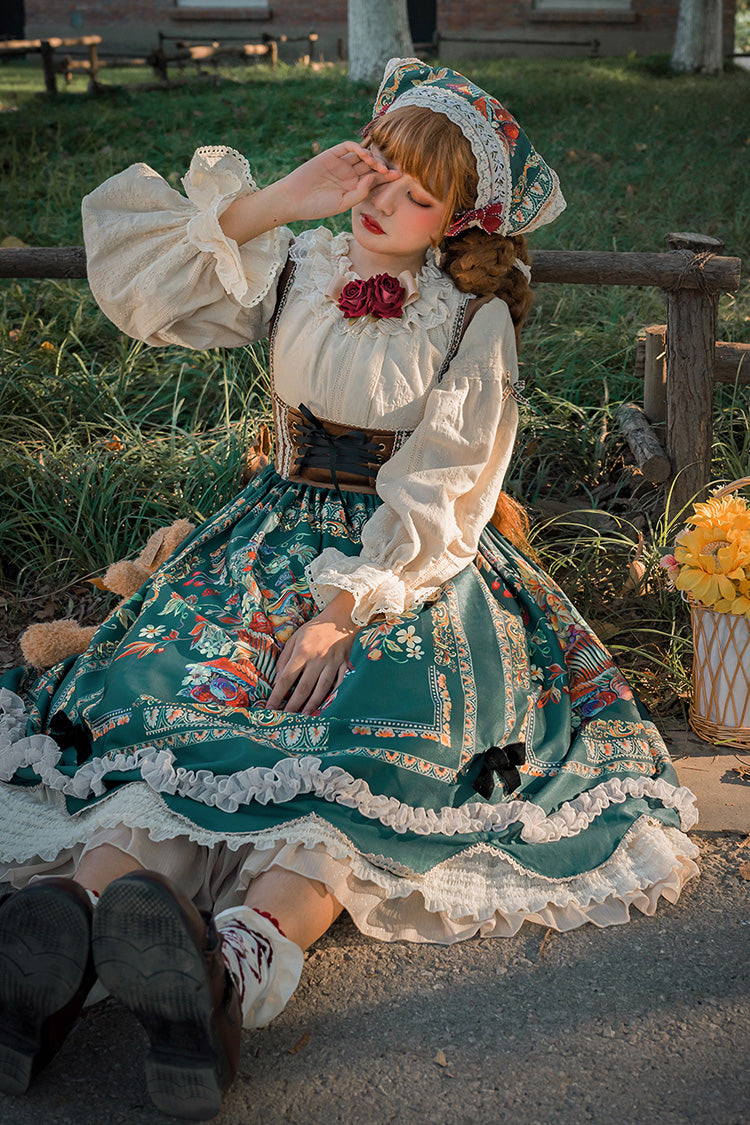 Green [ode to Plenty] Berries and Birds Print Ruffle Bowknot Velvet Classic Lolita Breast Support Jsk Dress
