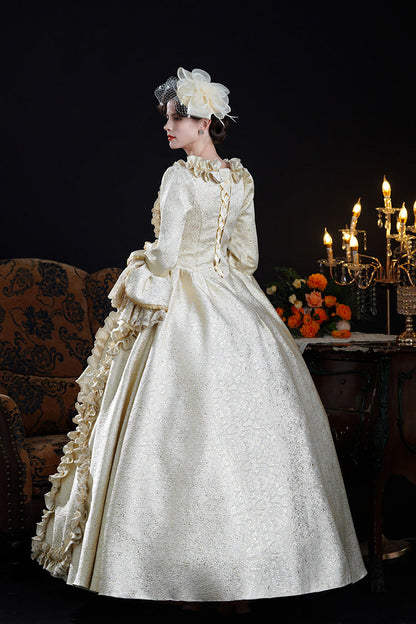 Champagne Square Collar Long Trumpet Sleeves Double-layered Ruffled Open-front Classic Palace Lolita Victorian Dress
