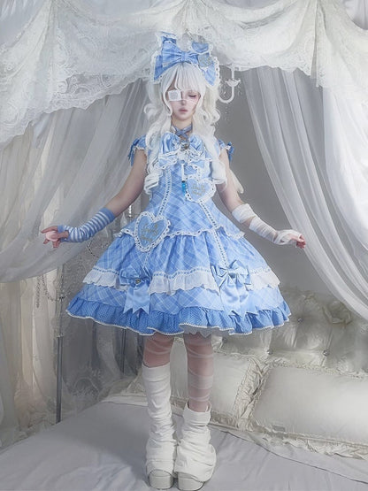 [pre-order Deadline: May 10] Blue/yellow/pink Sweetheart Lolita Ribbon Puff Sleeve Tiered Dress + Bunny Ear Full Set + Cat Ear Full Set