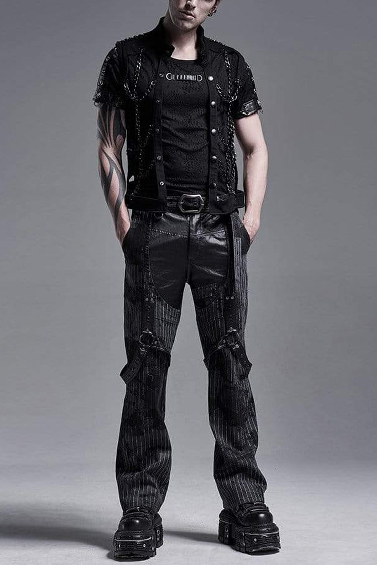 Black Stand Collar Single-breasted Metal Rivet Chain Decoration Hollow Steampunk Vest