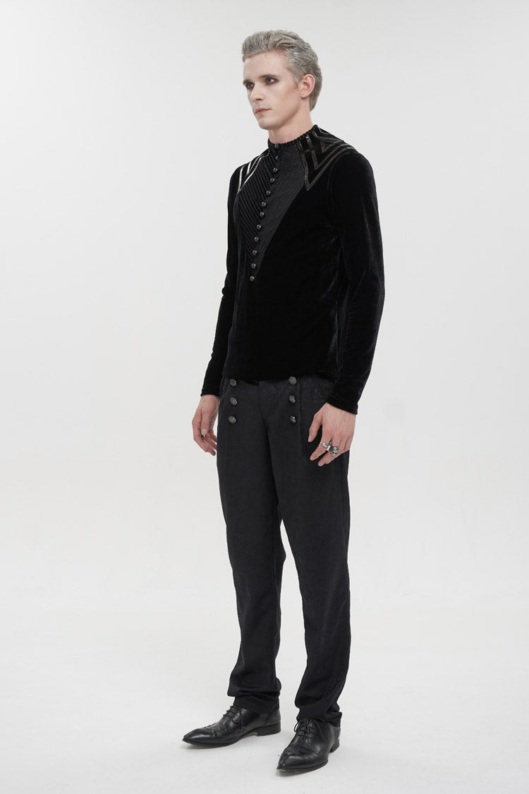 Black Round Collar Long Sleeves Stripes Splice Velvet Gothic Shirt