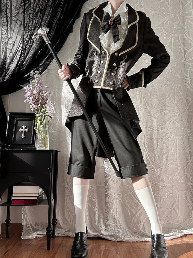 [pre-order Deadline: May 8] White Lace Ruffle High Collar Prince Shirt + Black Tailored Bermuda Shorts