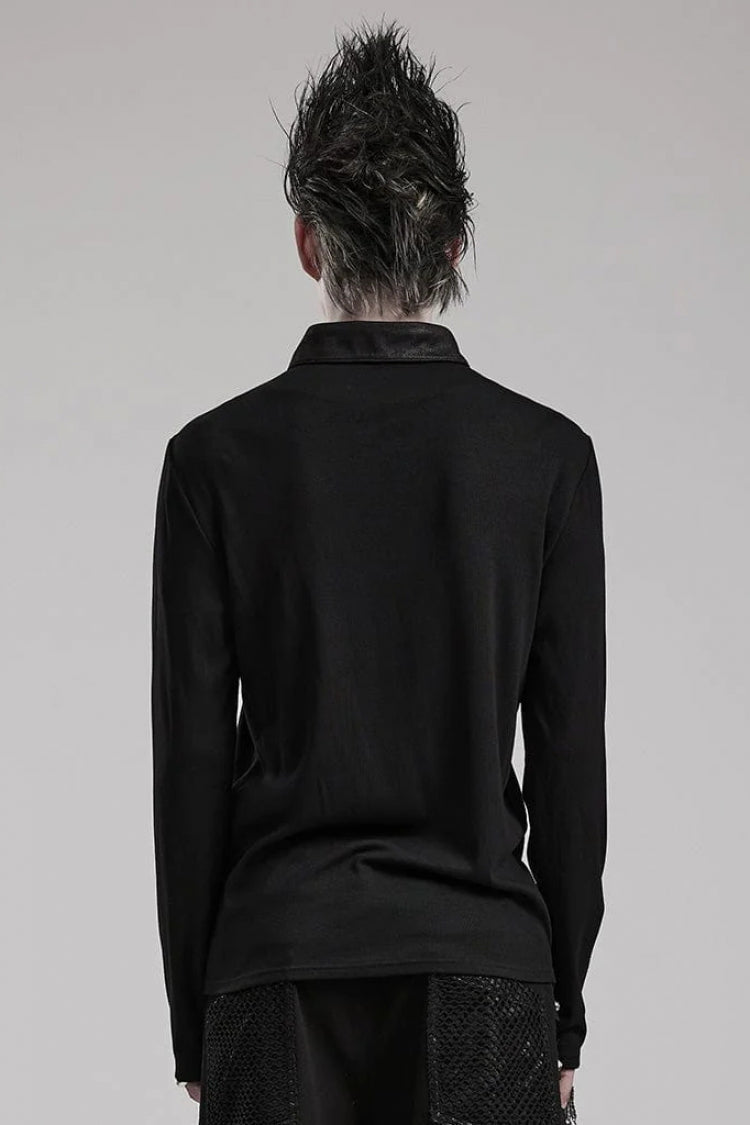 Black Lapel Collar Long Sleeves Stitching Steampunk T-shirt