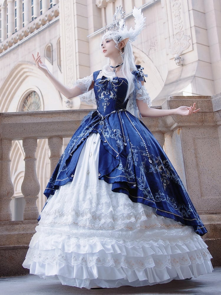 [pre-order Deadline: May 3] Dark Blue White Corset Lace Ribbon Lolita Jsk Princess Dress + Complete Set