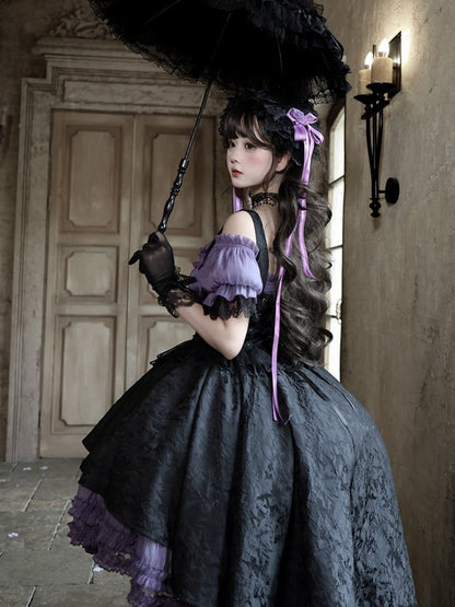 [pre-order Deadline: April 28] Purple X Black Gothic Lolita Corset Layered Jsk Dress + Off-shoulder Lace Puff Top