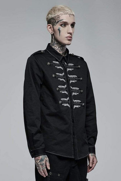 Black Lapel Collar Long Sleeves Skull Print Embroidery Steampunk Blouse