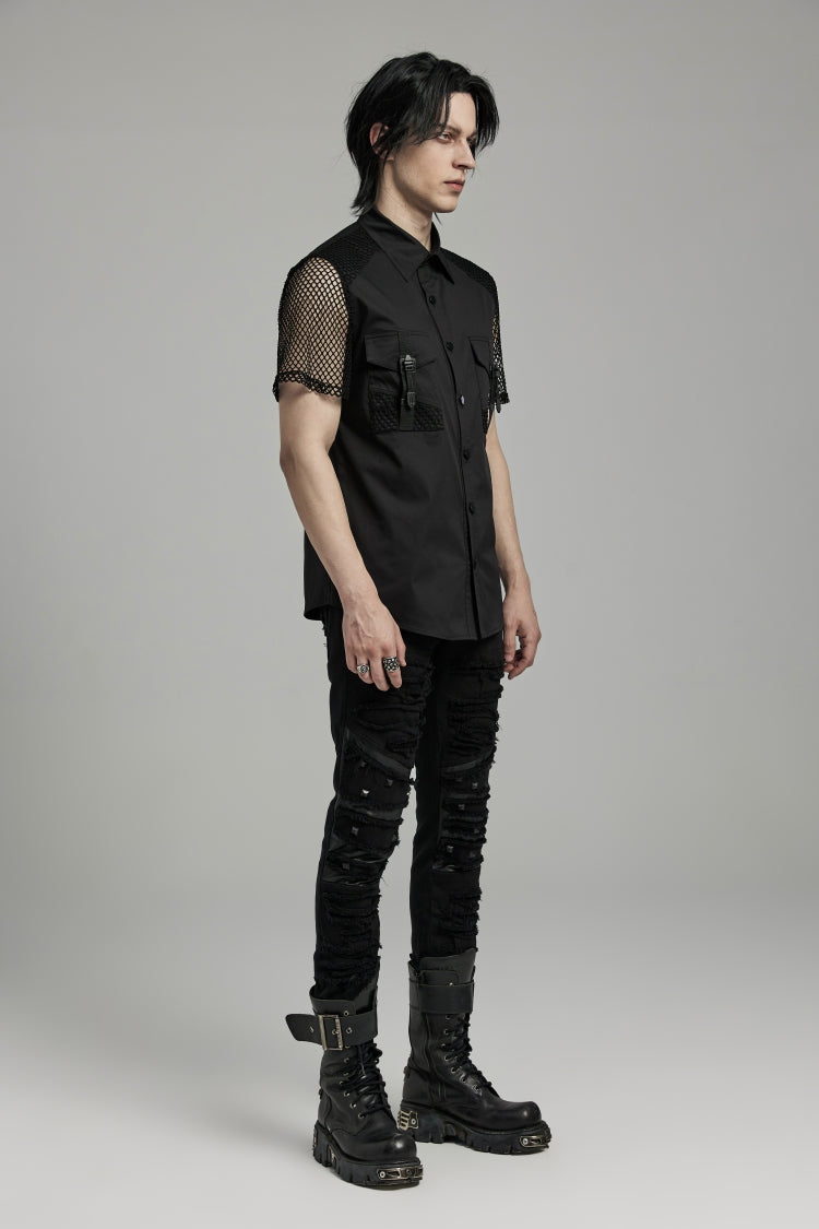 Black Lapel Collar Short Sleeves Mesh Stitching Punk Blouse