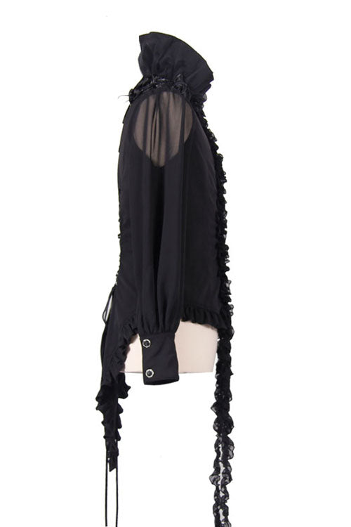 Black High Collar Lace Up Dovetail Hem Gothic Blouse