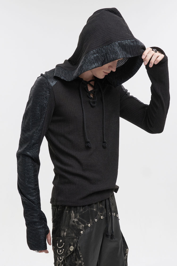 Black Dark Tether V-neck Panel Knit Hooded Punk T-shirt