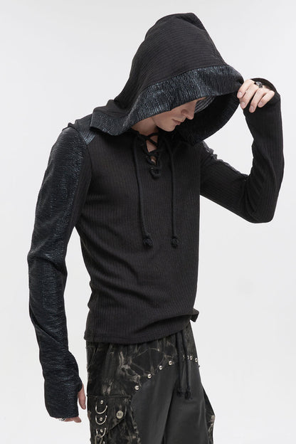 Black Dark Tether V-neck Panel Knit Hooded Punk T-shirt