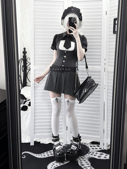 [pre-order Deadline: April 28] Black Pinstripe Tie Collar Short Jacket Dress Full Set + Jewel Casquette