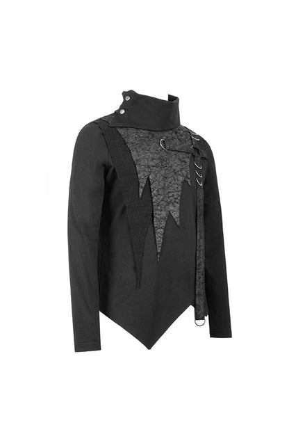Black Worn Out Cross Shaped Hasp High Collar Asymmetric Hem Punk T-shirt