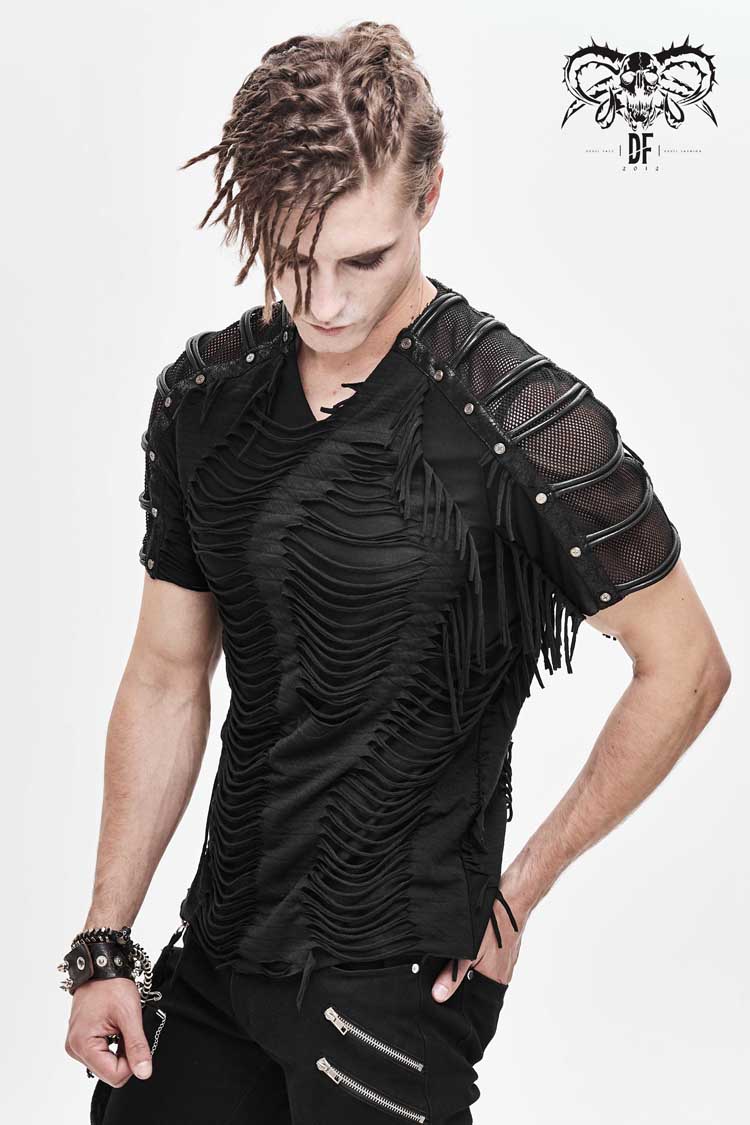 Black Tattered Striped Shoulder Splice Mesh Short Sleeve Punk T-shirt