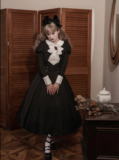 Lantern Sleeve Ruffle Short Jacket With Ribbon + Back Ribbon Suspender Dress