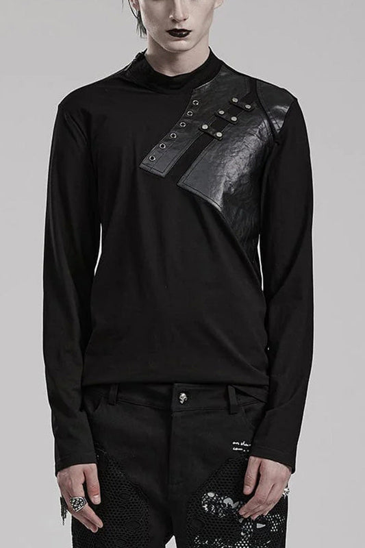 Black Long Sleeves Faux Leather Stitching Steampunk Blouse