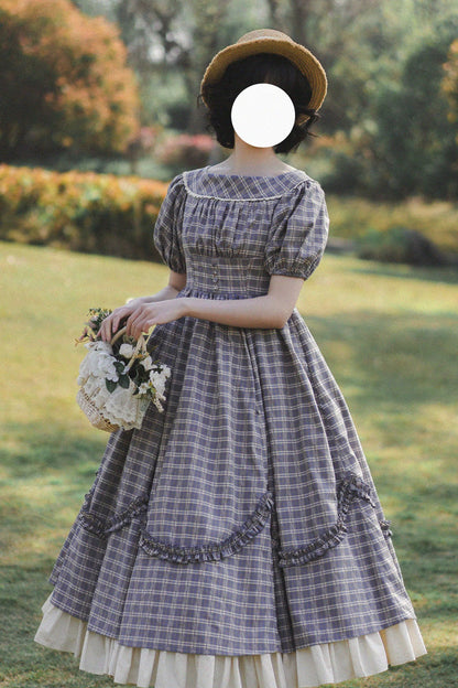 Grey/blue [forest Picnic] Boat Neck Short Sleeves Printed Lift-hem Ruffled Classic Lolita Dress