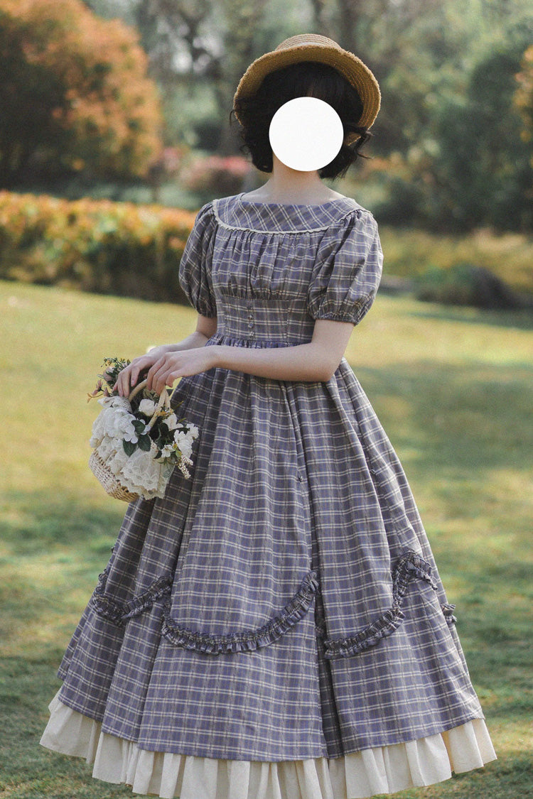 Grey/blue [forest Picnic] Boat Neck Short Sleeves Printed Lift-hem Ruffled Classic Lolita Dress
