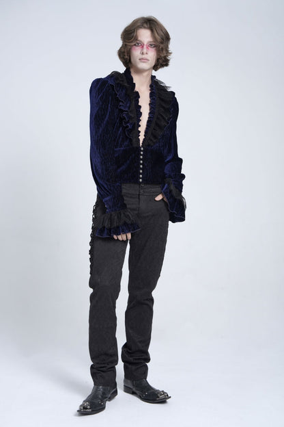 Blue V Collar Long Sleeves Ruffle Stitching Lace Gothic Blouse