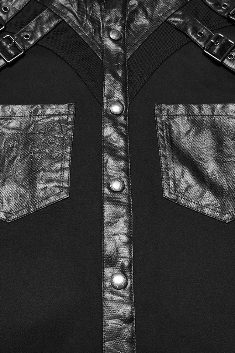 Black Stand Collar Long Sleeves Rivet Buckle Straps Eyelet Punk Blouse