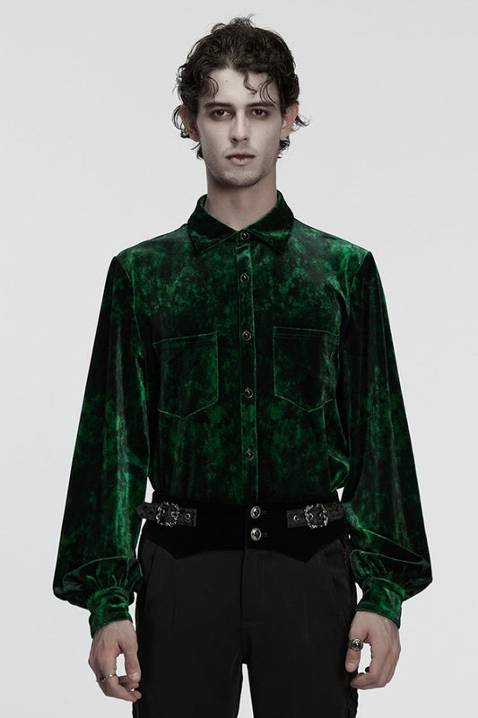 Green Lapel Collar Long Puff Sleeves Gothic Shirt
