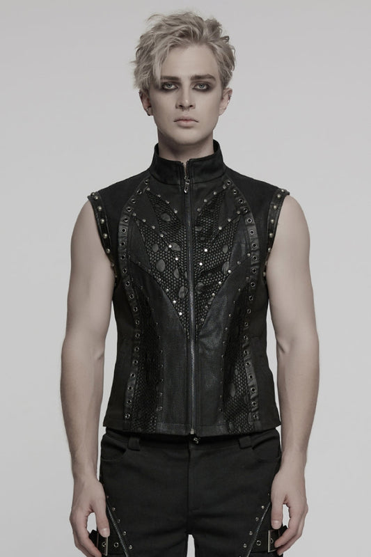 Black Stand Collar Stitching Mesh Punk Vest
