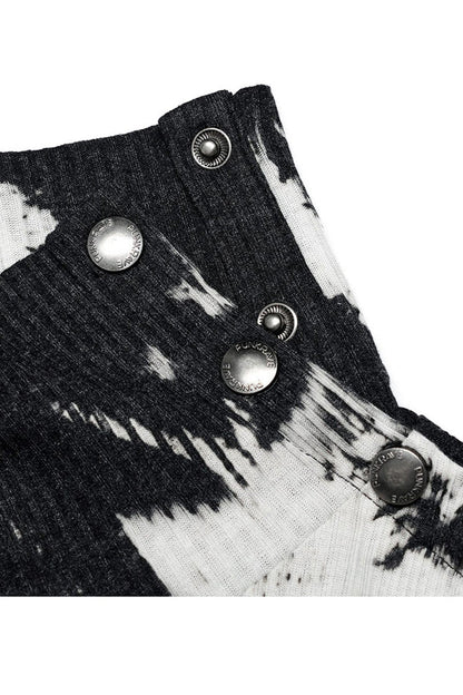 Black/white Punk Asymmetric Metal Buckle Side Button Tie Dye High Neck Basic Long Sleeve Shirt