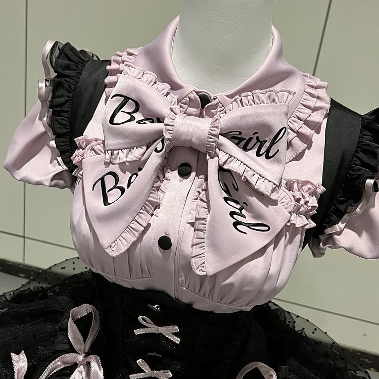 [order Deadline: May 12] Black Purple Lolita Idol Ribbon Puff Sleeve Shirt + Corset Tulle Pull-up Jks Dress Set