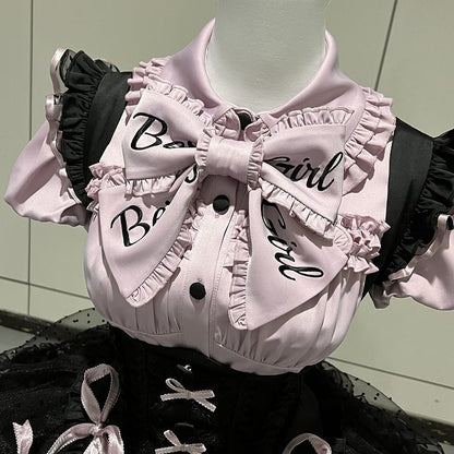 [order Deadline: May 12] Black Purple Lolita Idol Ribbon Puff Sleeve Shirt + Corset Tulle Pull-up Jks Dress Set