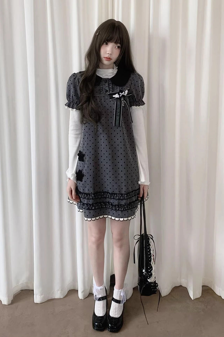 Grey [little Star Wish] Doll Collar Short Sleeves Polka Dot Printed Bow Classic Japanese Lolita Dress