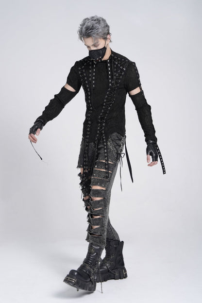 Black Long Sleeves Strap Lace-up Irregular Mesh Gothic T-shirt