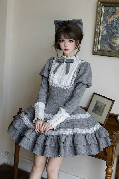 Grey [letters and Poems · Old Memories] Stand Collar Long Sleeves Double-layered Ruffled Bow Classic Lolita Dress 2 Versions