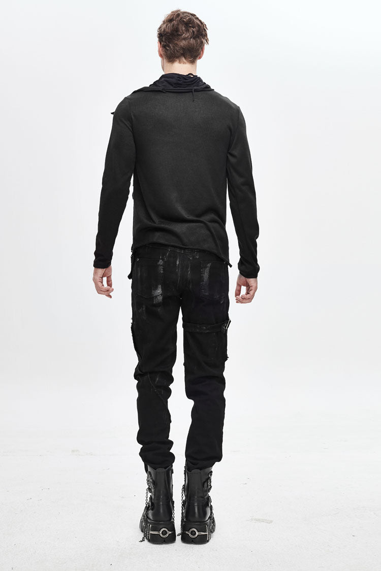 Black Ragged Turn-down Collar Woolen Long Sleeve Irregular Hem Punk T-shirt