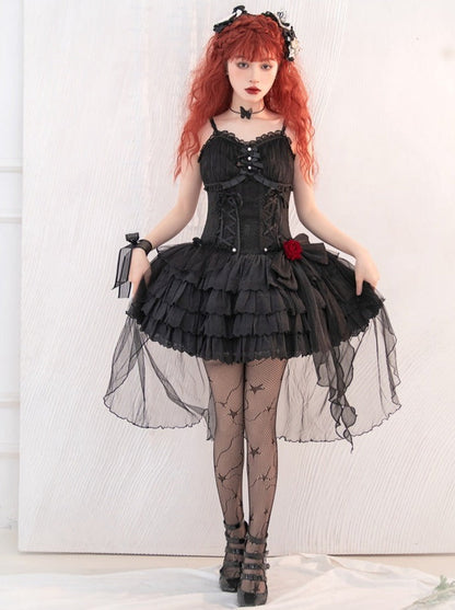 Rose Ribbon Tulle Lace Up Tiered Cami Dress