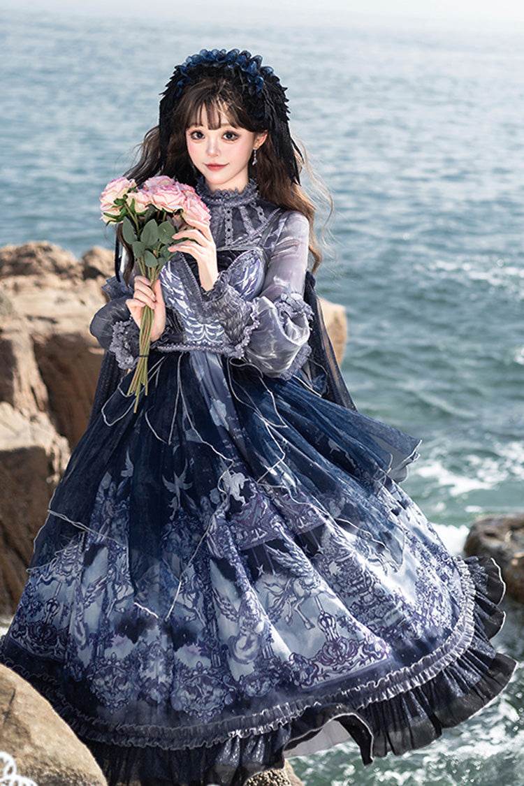 Blue [angel Garden] Print Ruffle Bowknot Asymmetric Classic Lolita Jsk Dress