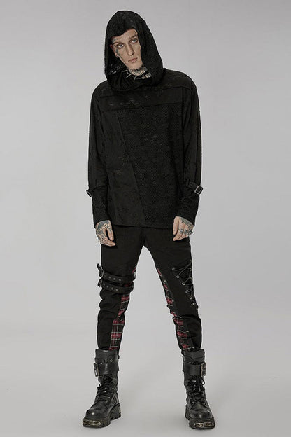 Black Punk Ripped Knit Mesh Surface Splicing Detachable Ring Sleeve Webbing Hooded T-shirt