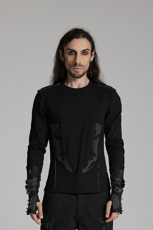 Black Round Collar Long Sleeves 3d Amor Patch Print Punk T-shirt