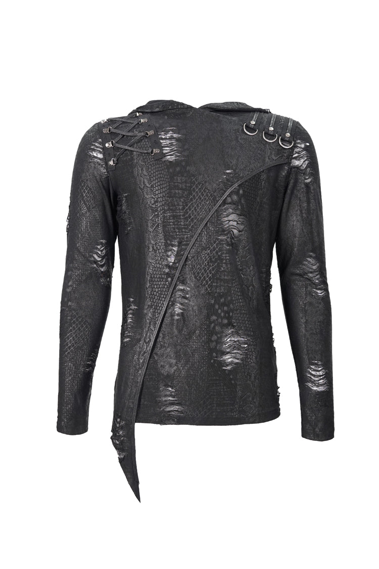 Black Broken Holes Knit Shoulder Lace-up Irregular Hem Hooded Punk T-shirt